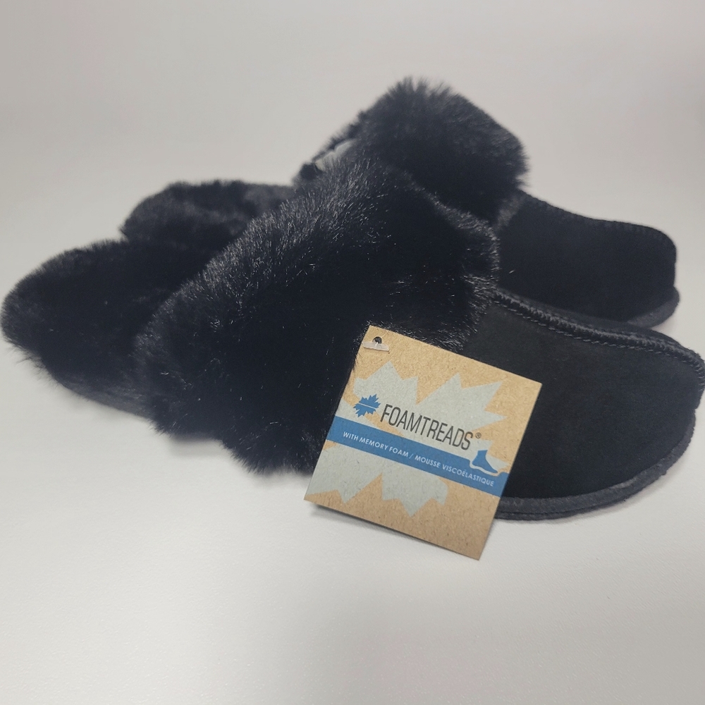 Warm Soft Faux Fur Lined & Trimmed Black Slippers Size 7 - Picture 9 of 12
